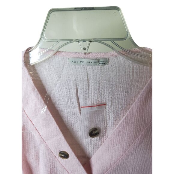 Active USA Light Pink Button-Front Wrap Blouse With Tie Waist & Short Sleeves Si - Picture 4 of 4